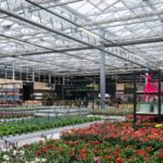 Großzügige Verkaufsfläche eines Gartencenters mit moderner Beleuchtung und zahlreichen Pflanzen- sowie Dekorationsbereichen.