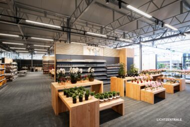 Große Verkaufsfläche mit Pflanzen, Regalen und Präsentationstischen, ausgeleuchtet durch moderne Industrie- und LED-Leuchten.