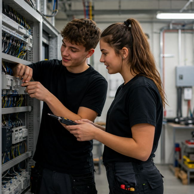 Zwei Auszubildende arbeiten gemeinsam an einem Schaltschrank und prüfen elektrische Komponenten in einer modernen Werkstatt.