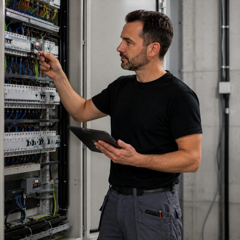 Elektrotechniker / Meister Energie- und Gebäudetechnik prüft einen Schaltschrank und führt Arbeiten an einer modernen Elektroanlage durch.
