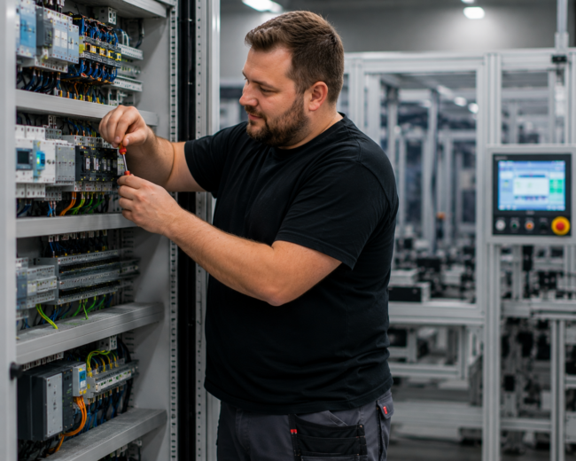 Elektroniker Automatisierungs- und Systemtechnik arbeitet an einer modernen Automatisierungsanlage und nimmt Einstellungen an einer Steuerung vor.