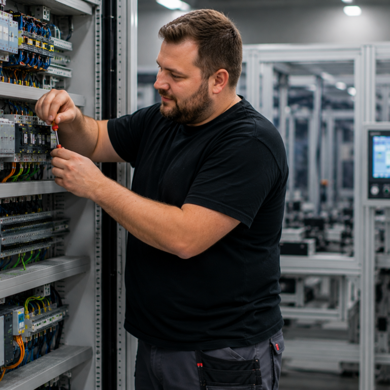 Elektroniker Automatisierungs- und Systemtechnik arbeitet an einer modernen Automatisierungsanlage und nimmt Einstellungen an einer Steuerung vor.