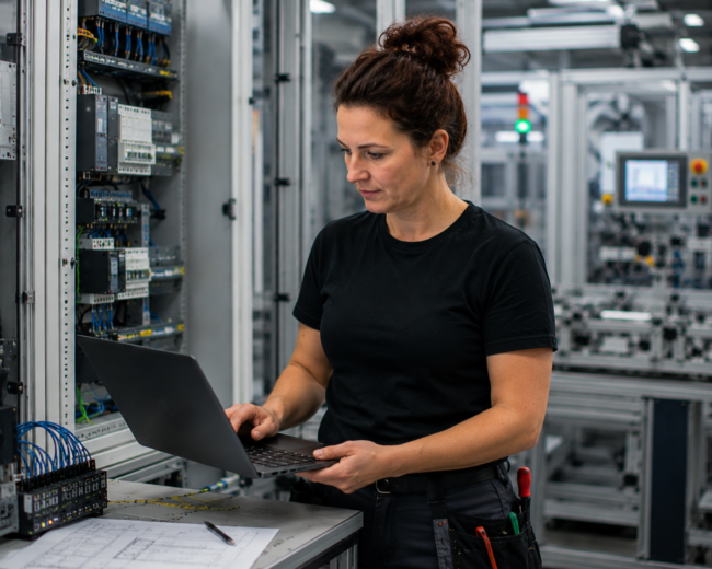 Elektrotechnikerin / Meister Automatisierungs- und Systemtechnik arbeitet mit einem Laptop an der Planung und Konfiguration einer modernen Automatisierungsanlage.