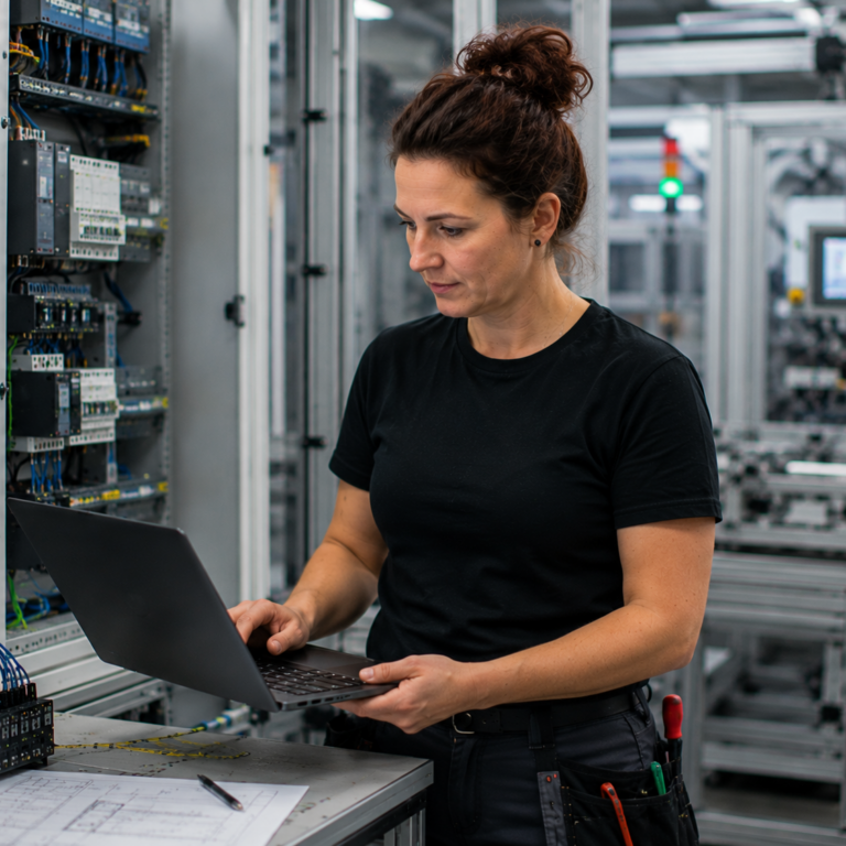Elektrotechnikerin / Meister Automatisierungs- und Systemtechnik arbeitet mit einem Laptop an der Planung und Konfiguration einer modernen Automatisierungsanlage.