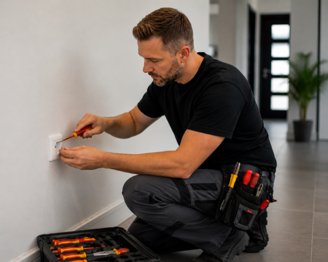 Elektroniker Energie- und Gebäudetechnik installiert eine Steckdose in einem modernen Wohngebäude und führt Elektroinstallationsarbeiten durch.