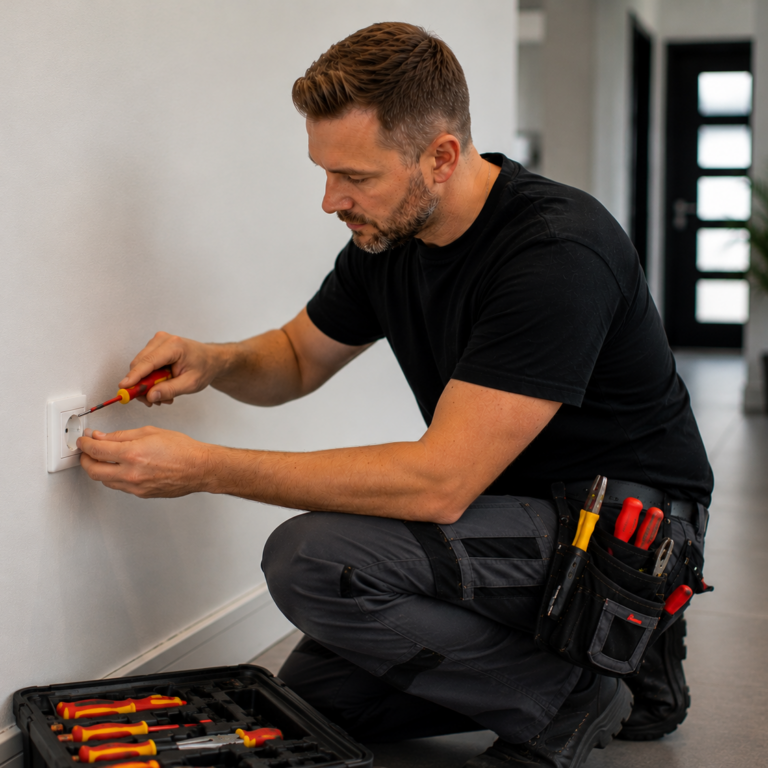 Elektroniker Energie- und Gebäudetechnik installiert eine Steckdose in einem modernen Wohngebäude und führt Elektroinstallationsarbeiten durch.
