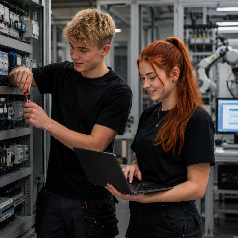 Zwei Auszubildende zum Elektroniker für Automatisierungs- und Systemtechnik arbeiten gemeinsam an einem modernen Schaltschrank in einer Industrieumgebung.