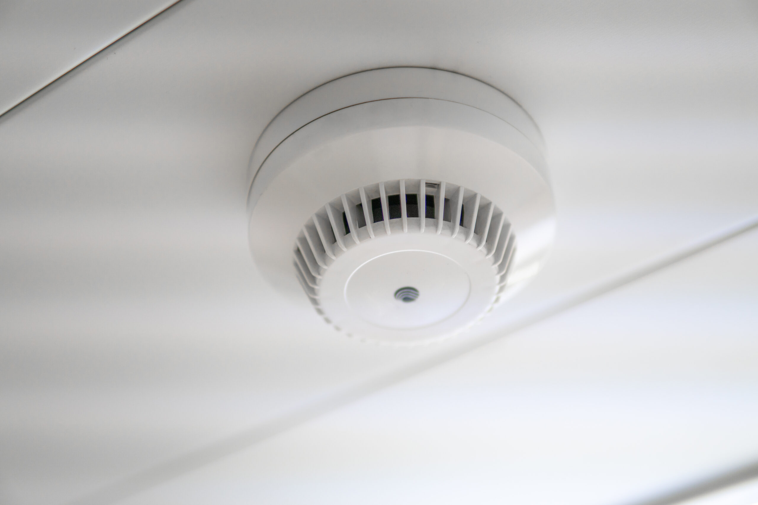 An einer weißen Decke installierter Rauchmelder zur frühzeitigen Erkennung von Rauch und Brandgefahren.